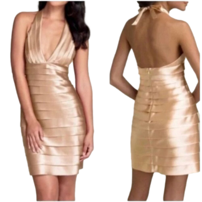 Bcbgmaxazria Bandage Halter Dress 6 Gold Tiered Wedding Party Cruise